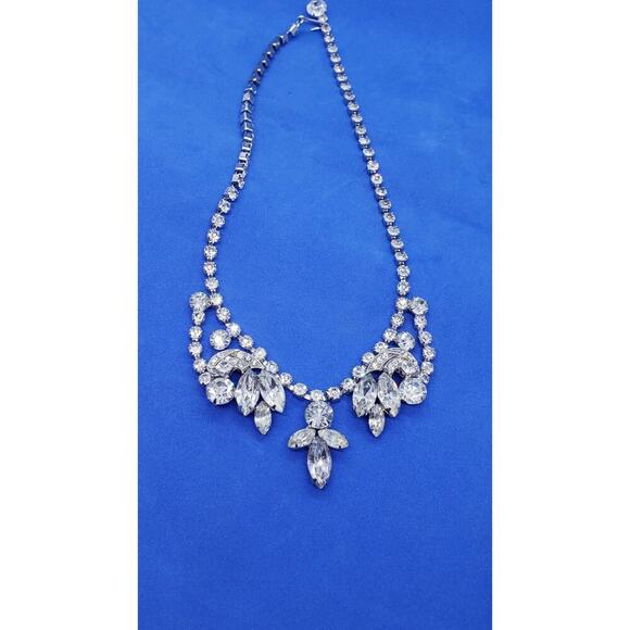 Vintage Necklace Clear Rhinestone Silver Toned Fancy 1950s Kramer Weiss Style - Picture 1 of 11
